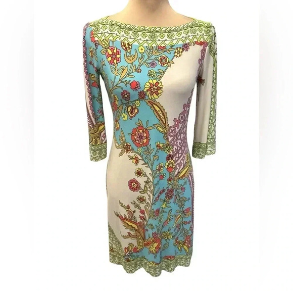 Donna Morgan Dress Abstract Floral Print Pastel Colors Boat Neck Stretch Size 4 - Picture 1 of 8